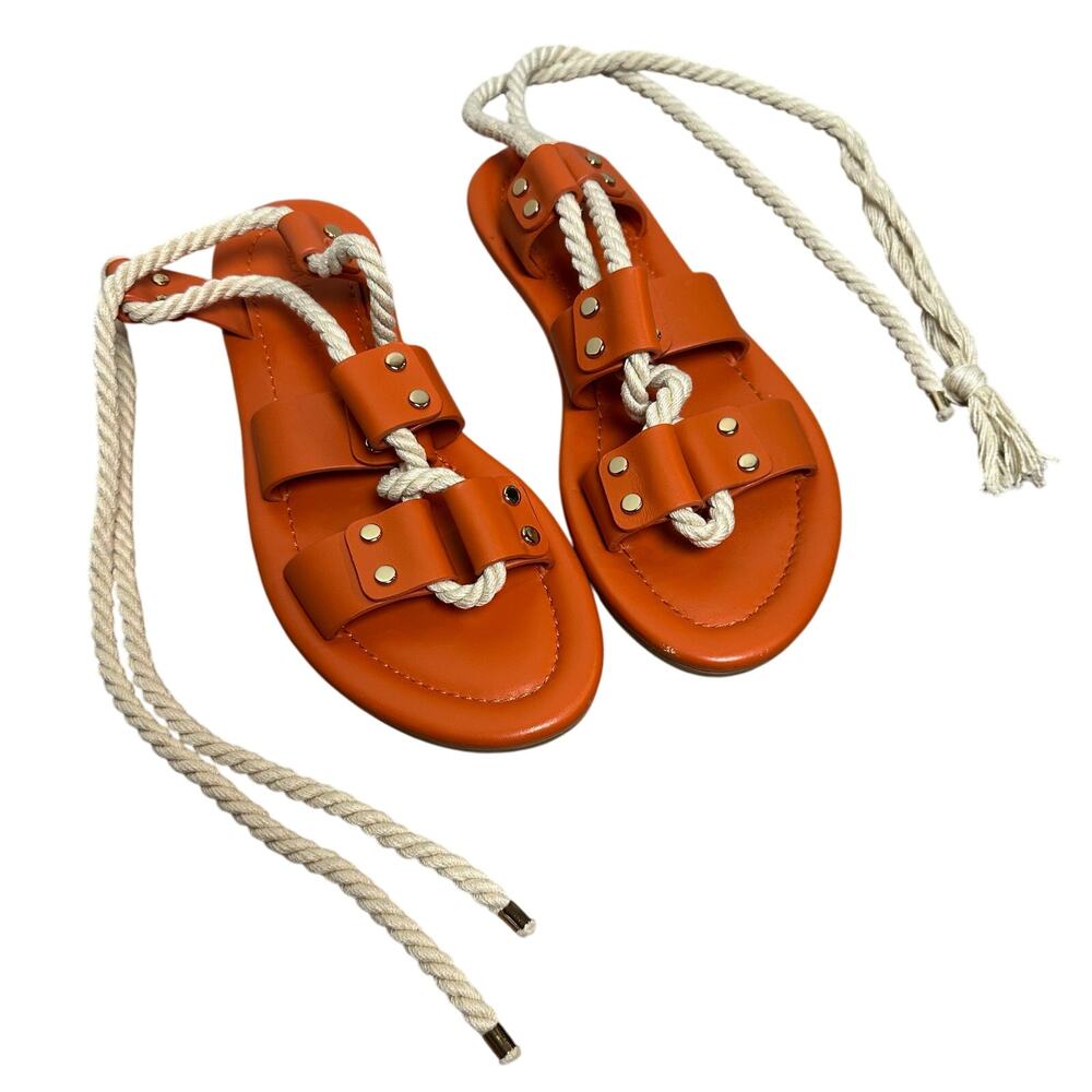 Ulla Johnson Eva Rope Ankle Tie Sandals Orange Flat Leather Gladiator 38